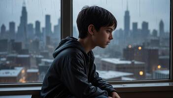 Boy looking out at rainy cityscape from window. The urban skyline is shrouded in mist, creating a moody and contemplative atmosphere. photo