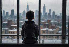 Boy looking out at rainy cityscape from window. The urban skyline is shrouded in mist, creating a moody and contemplative atmosphere. photo