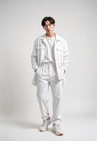 Young Korean Man in All-White Fashion Outfit. poses confidently against a neutral background. His modern style is complemented by white sneakers, creating a chic and contemporary look. photo