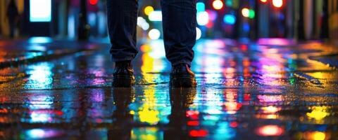 A person walks through a wet, neon-lit city street at night, with colorful reflections on the pavement, capturing the dynamic urban nightlife. photo