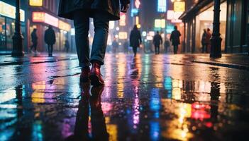 A person walks through a wet, neon-lit city street at night, with colorful reflections on the pavement, capturing the dynamic urban nightlife. photo