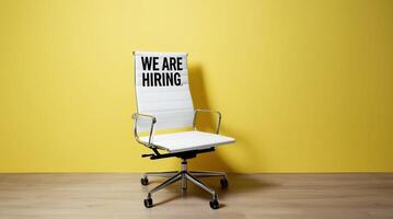 White office chair with We Are Hiring text displayed on its backrest, set against a vibrant yellow background, symbolizing job opportunities and recruitment. photo