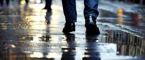 A person walks along a wet, reflective city street, their silhouette mirrored in the puddles, capturing the urban ambiance and the quiet aftermath of rain. photo