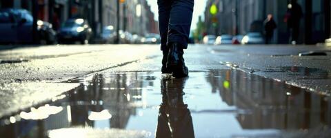 A person walks along a wet, reflective city street, their silhouette mirrored in the puddles, capturing the urban ambiance and the quiet aftermath of rain. photo