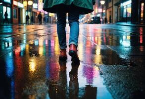 A person walks through a wet, neon-lit city street at night, with colorful reflections on the pavement, capturing the dynamic urban nightlife. photo