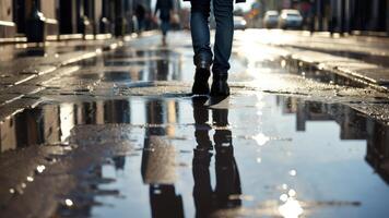 A person walks along a wet, reflective city street, their silhouette mirrored in the puddles, capturing the urban ambiance and the quiet aftermath of rain. photo