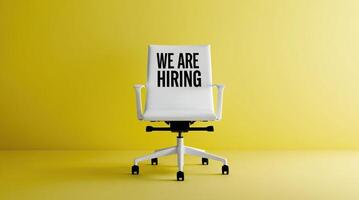 White office chair with We Are Hiring text displayed on its backrest, set against a vibrant yellow background, symbolizing job opportunities and recruitment. photo