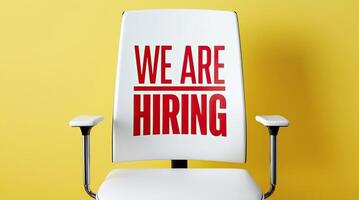 White office chair with We Are Hiring text displayed on its backrest, set against a vibrant yellow background, symbolizing job opportunities and recruitment. photo