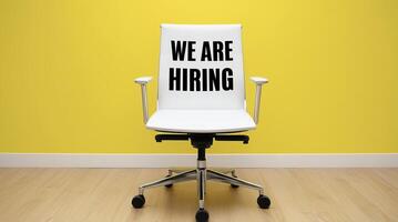 White office chair with We Are Hiring text displayed on its backrest, set against a vibrant yellow background, symbolizing job opportunities and recruitment. photo