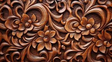 Intricate wooden floral carving with ornate details. photo
