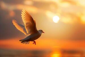 White dove with wings wide open in the blue sky air. Spirit of god background banner panorama. International Day of Peace concept. photo