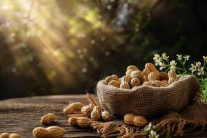 Peanuts in a burlap bag on a wooden background. Selective focus. shallow depth of field Healthy nut snack in rustic burlap sack generated by artificial intelligence. photo