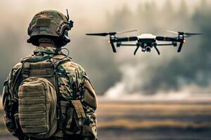 A soldier is in the field, operating drones. . A drone controller and camera visuals on a smartphone. photo
