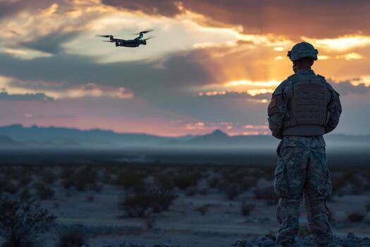 A soldier is in the field, operating drones. . A drone controller and camera visuals on a smartphone. photo