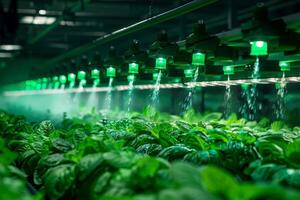 smart farm springer watering hydroponic vegetables growing in plastic pipes filled with fertile water. photo
