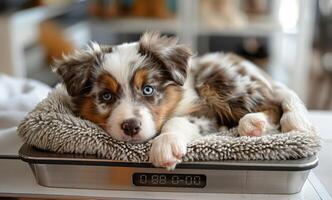 a cute puppy take on digital weight scale for dog pet. photo