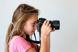 a girl photographer holding DSLR camera take photo , word international photo day concept