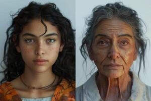 face of woman young and old age two parts of the face of life aging human . photo