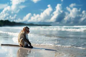 A monkey look out on the beach basks in the summer sun on the beach. Animal on warm sand surrounded by sea water photo