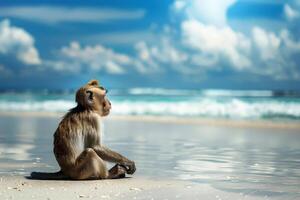 A monkey look out on the beach basks in the summer sun on the beach. Animal on warm sand surrounded by sea water photo