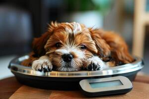 a cute puppy take on digital weight scale for dog pet. photo