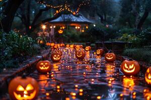 a pathway illuminated by glowing pumpkins, leading the way to a haunted house or Halloween event photo