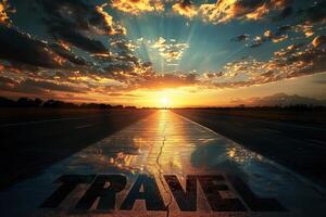 travel text on runway under clear sky, travel vacation concept photo