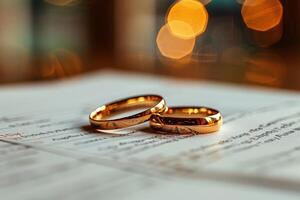 Two ring on document with a diamond for wedding concept. Generate AI image photo