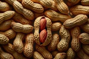 Peanuts background. Selective focus. shallow depth of field Healthy nut snack in rustic burlap sack generated by artificial intelligence. photo