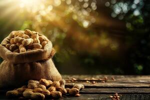 Peanuts in a burlap bag on a wooden background. Selective focus. shallow depth of field Healthy nut snack in rustic burlap sack generated by artificial intelligence. photo