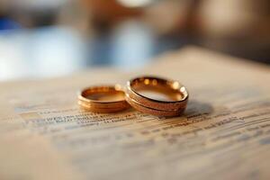 Two ring on document with a diamond for wedding concept. Generate AI image photo