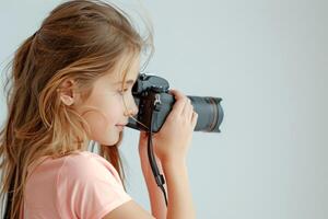 a girl photographer holding DSLR camera take photo , word international photo day concept
