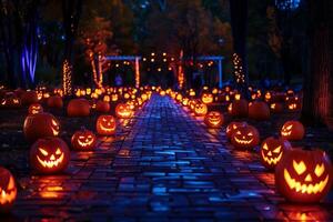 a pathway illuminated by glowing pumpkins, leading the way to a haunted house or Halloween event photo