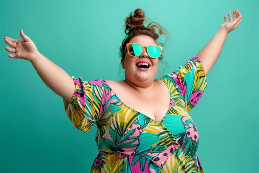 Happy plus size model in sunglasses on isolated background, body positive concept. photo