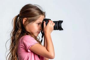 a girl photographer holding DSLR camera take photo , word international photo day concept