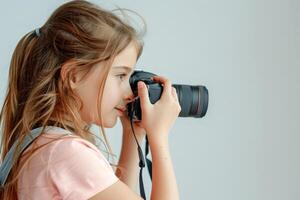 a girl photographer holding DSLR camera take photo , word international photo day concept