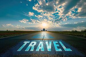 travel text on runway under clear sky, travel vacation concept photo