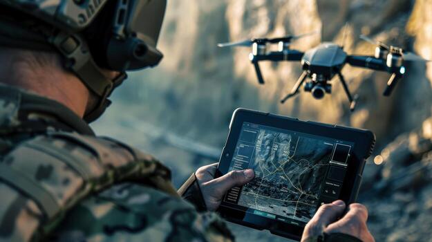 A soldier hold tablet in the field, operating drones. . A drone controller and camera visuals on a smartphone. photo