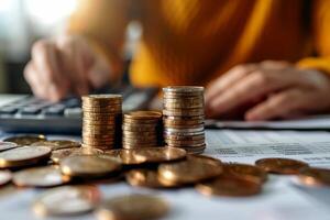 money coins stack saving in woman background , financial investment and budget concept, . photo