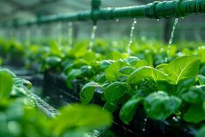 smart farm springer watering hydroponic vegetables growing in plastic pipes filled with fertile water. photo