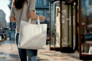 woman gold Mockup Canvas tote bag with copy space for branding and advertising. eco and recycle. photo
