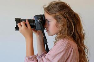 a girl photographer holding DSLR camera take photo , word international photo day concept