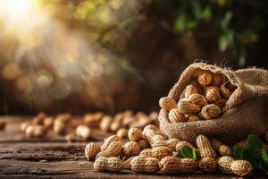 Peanuts in a burlap bag on a wooden background. Selective focus. shallow depth of field Healthy nut snack in rustic burlap sack generated by artificial intelligence. photo