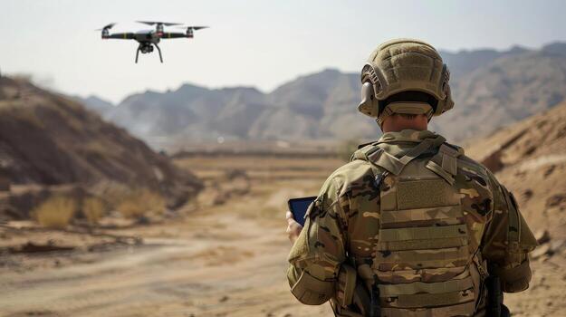 A soldier hold tablet in the field, operating drones. . A drone controller and camera visuals on a smartphone. photo