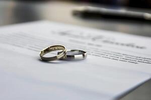 Two ring on document with a diamond for wedding concept. Generate AI image photo