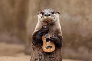 a otter playing guitar outdoors scene, generated AI photo