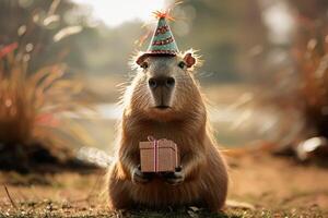 capybara with a party hat to hold present photo