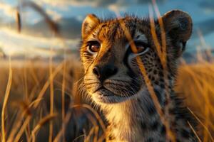 A close up of a cheetah face across the savannah with its coat rippling in the wind - photo