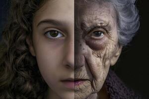 face of woman young and old age two parts of the face of life aging human . photo