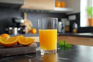 orange juice on wooden table. healthy and food concept. photo